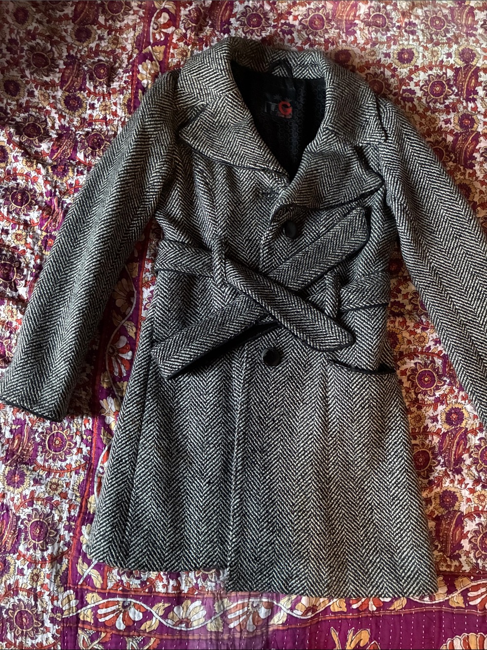 G by Guess Black & White Herringbone Belted Pea Coat